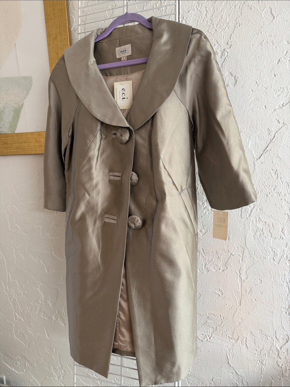 ECI Metallic Taupe Shawl Collar Three-Quarter Sleeve Trench Coat